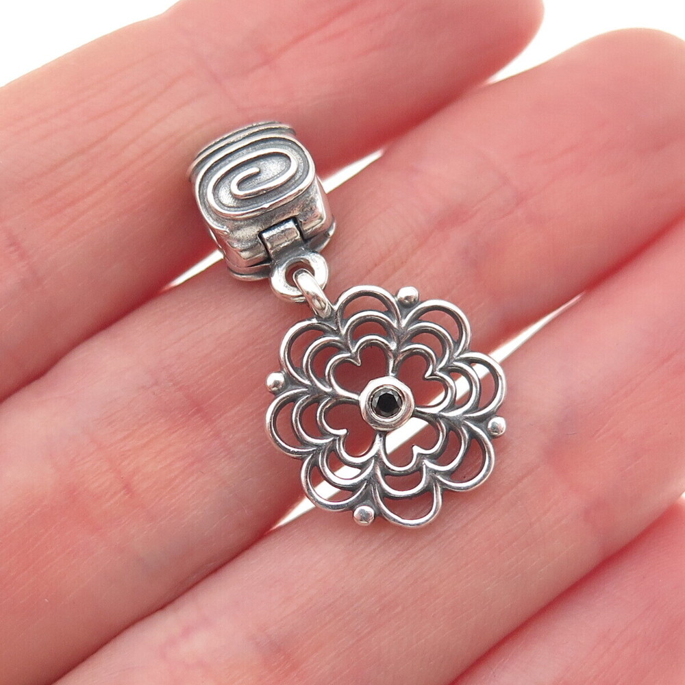 Pandora 925 Sterling Silver Round-Cut Black C Z Dogwood Dangle Clip Charm